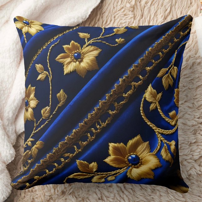 Vintage faux Embroidery Blue Guld Flowers Kudde (Skapare uppladdad)