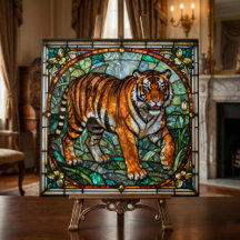Vintage Faux Stained Glass Tiger Jungle Mosaic