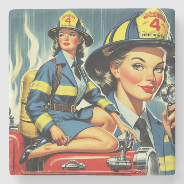 Vintage Female Firefighter Stenunderlägg (Framsidan)
