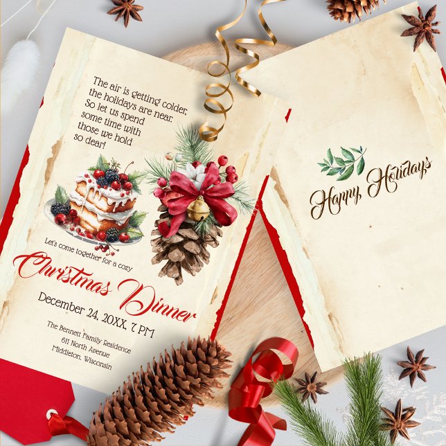 Vintage Festive Foliage Gräs Cone Blommigt jul Inbjudningar (Skapare uppladdad)