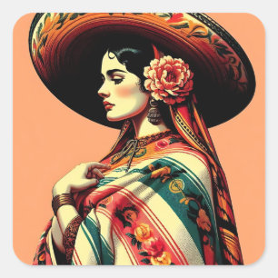 Vintage Fiesta Mujer Mariachi Mexiicana Fyrkantigt Klistermärke