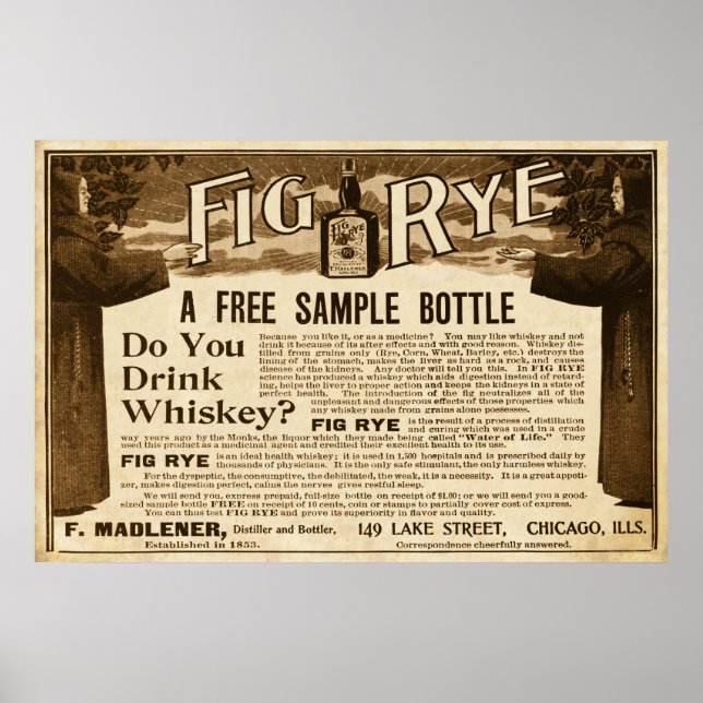 Vintage Fig Rye Whiskey Ad från 1899 Poster (Framsidan)