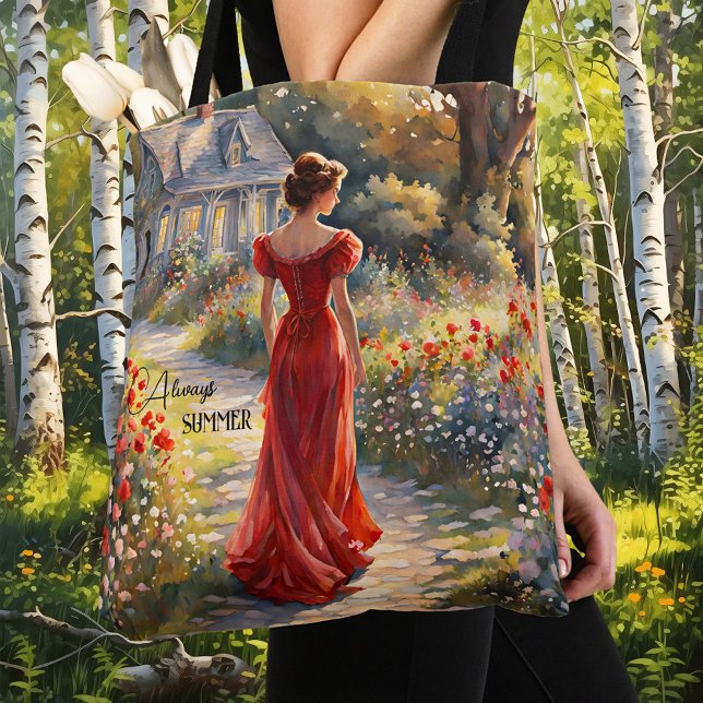 Vintage Fine Art Impressionism Dam Tygkasse (Tote bag featuring a fine art painting of an elegant lady in a long red dress in a summer garden)