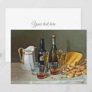 Vintage finkonst stilleben med vin och ost kort