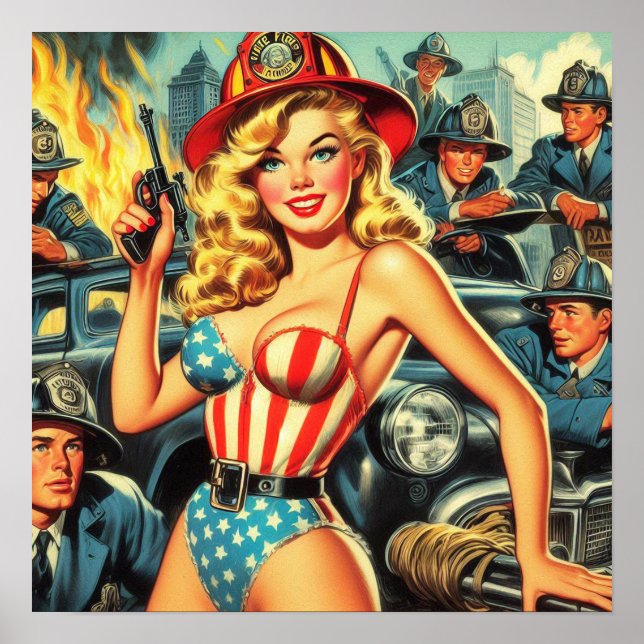 Vintage Firefighter Pin-up Poster (Framsidan)