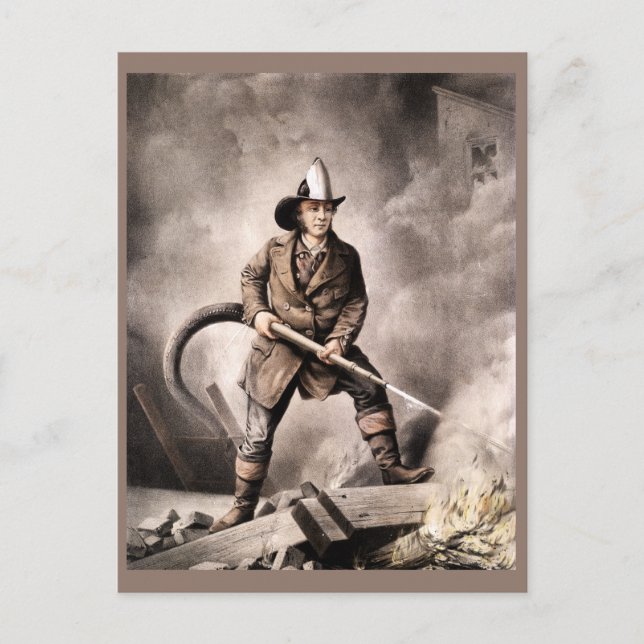 Vintage Fireman Illustration Vykort (Framsida)
