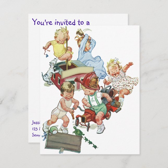 Vintage Firetrucks Child Födelsedagsfest inbjudan (Fram/baksida)