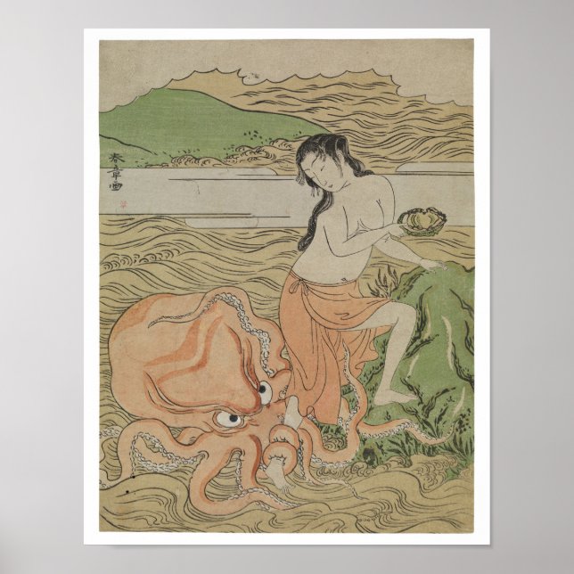 Vintage Fishergirl with an Octopus, Retro Japan Poster (Framsidan)