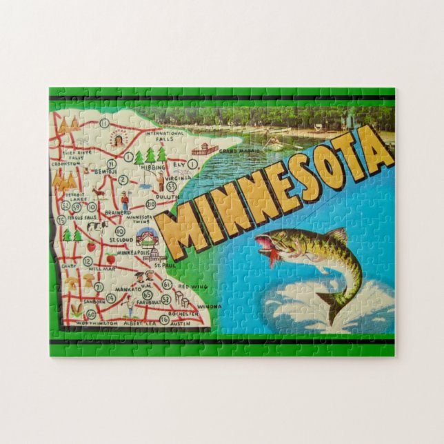 Vintage Fishy Minnesota Karta Pussel (Horisontell)