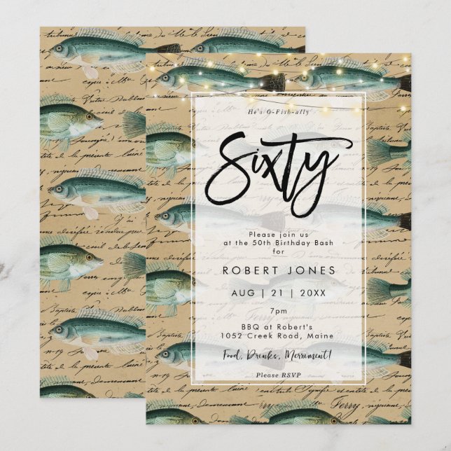 vintage fisk 60:e födelsedagsfest inbjudan (Fram/baksida)