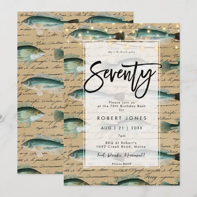 vintage fisk 70:e födelsedagsfest inbjudan (Fram/baksida)