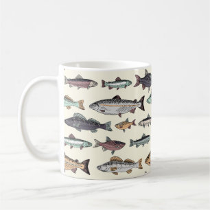 Vintage fiskar teckning, sömlöst mönster. kaffemugg