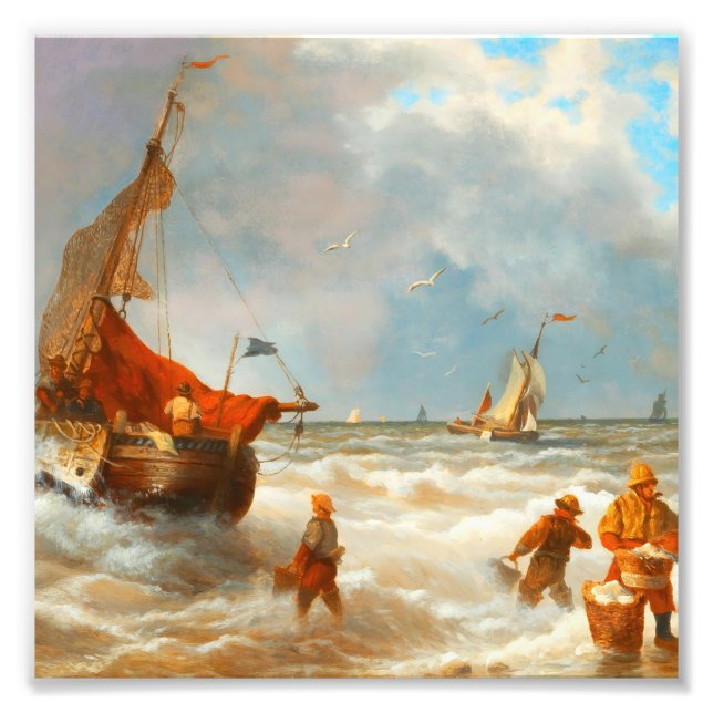 Vintage Fiskare och Segelbåtar Ojämn Hav Fototryck (Framsidan)