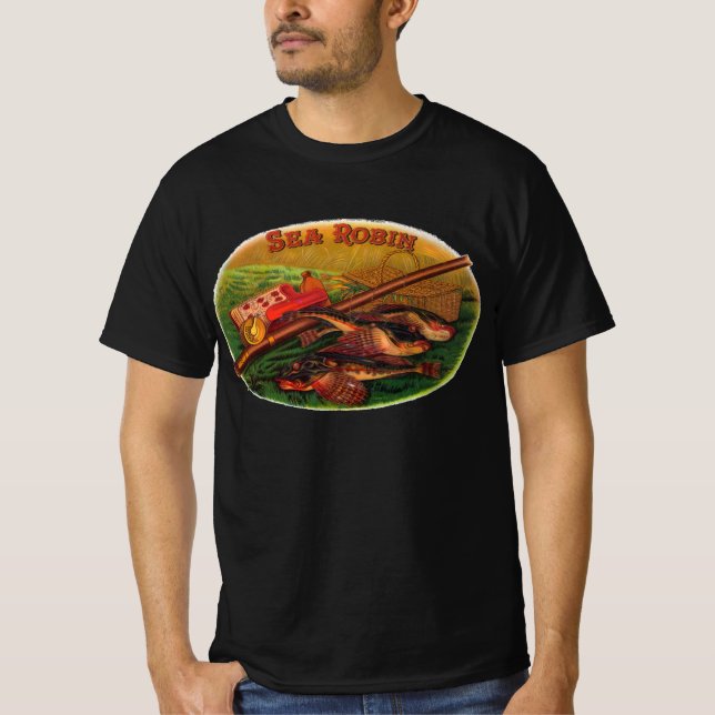 Vintage fiskeredskap Cigarretikettskonst, Sea Robi Tee Shirt (Framsida)