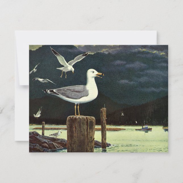Vintage Fiskmås Perched Pier, marina fåglar (Framsida)
