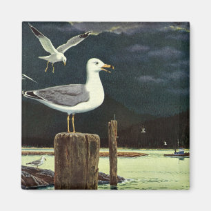 Vintage Fiskmås Perched Pier, marina fåglar Magnet