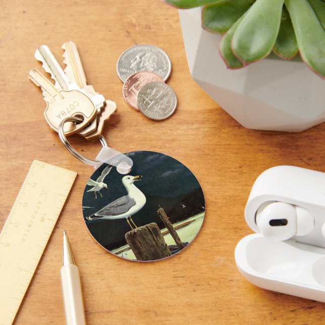 Vintage Fiskmås Perched Pier, marina fåglar Nyckelring (Skrivbord)