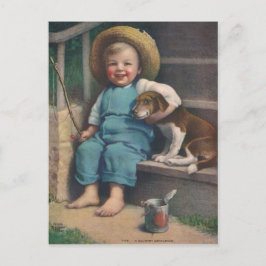 Vintage fiskpojke med vykort för hund