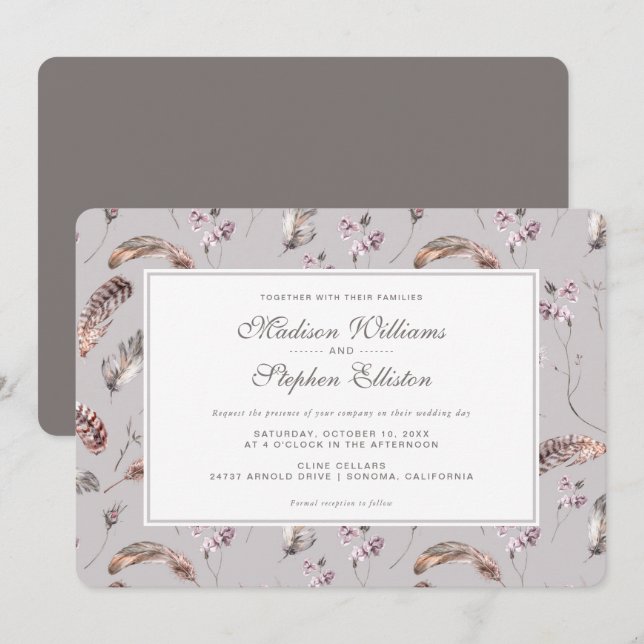 Vintage Fjäder och Blommönster - Bröllop Inbjudningar (Fram/baksida)
