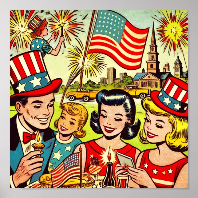 Vintage Fjärde juli-Tecknader för familjen Poster (Framsidan)