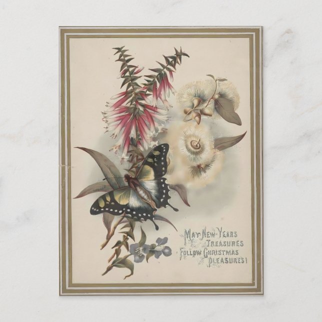Vintage Fjäril & Australiensiska Blommor Jul Vykort (Framsida)