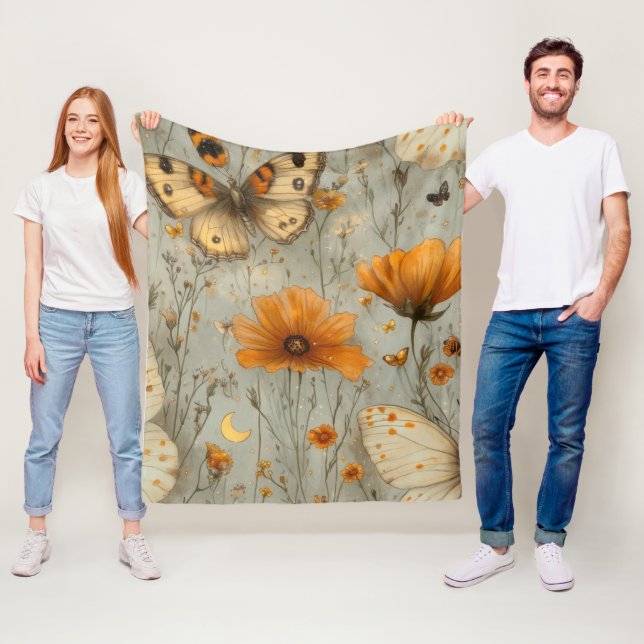 Vintage Fjäril Vildblomma (1) Fleecefilt (På plats)