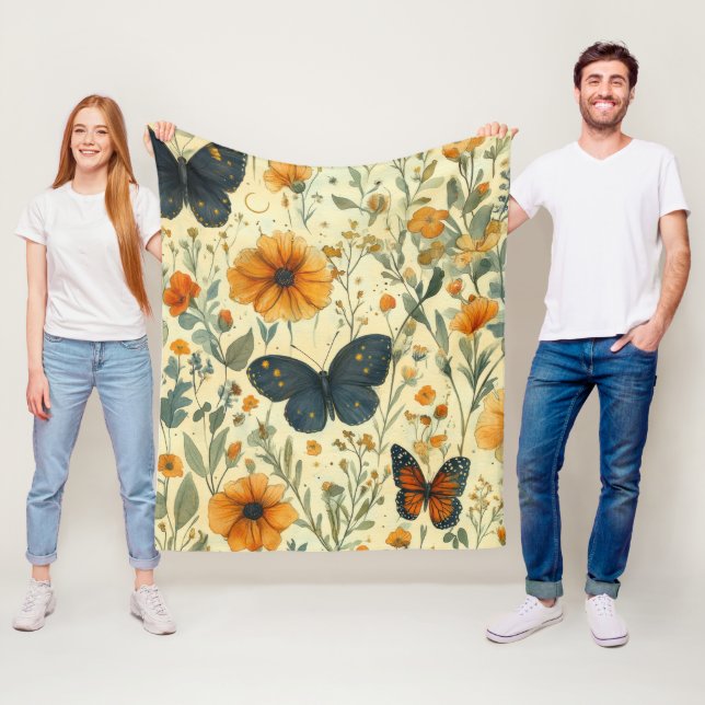 Vintage Fjäril Vildblomma (5) Fleecefilt (På plats)