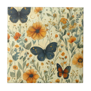 Vintage Fjäril Vildblomma (5) Kakelplatta