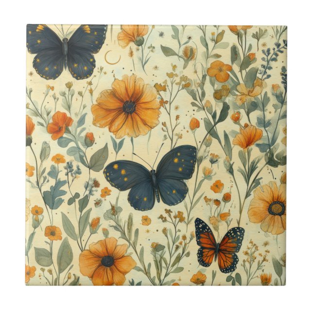 Vintage Fjäril Vildblomma (5) Kakelplatta (Framsidan)