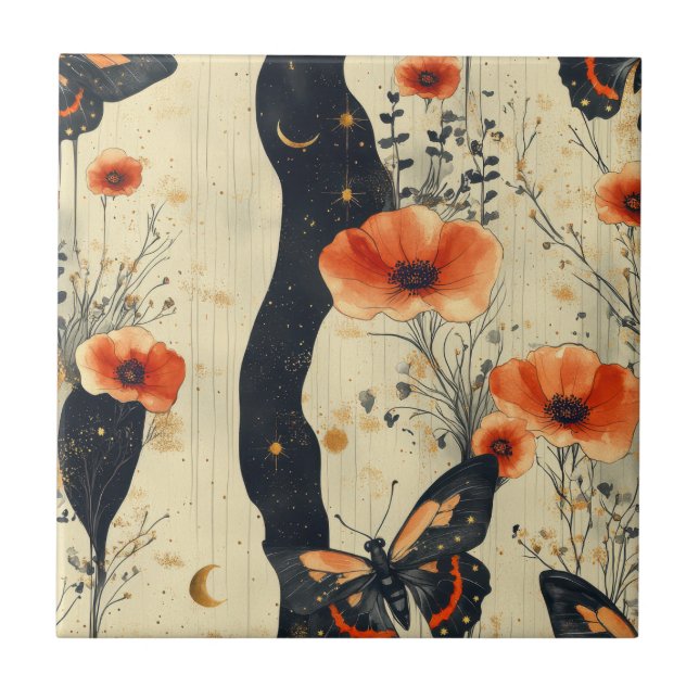 Vintage Fjäril Vildblomma (6) Kakelplatta (Framsidan)