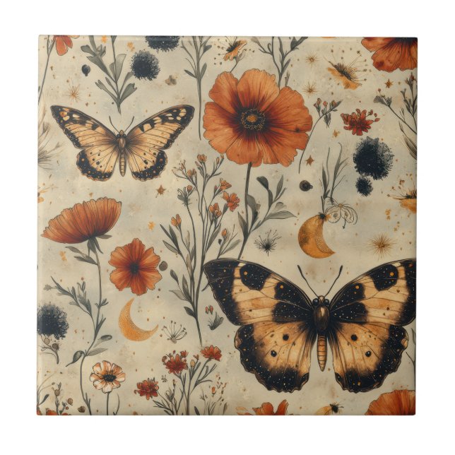 Vintage Fjäril Vildblomma (7) Kakelplatta (Framsidan)