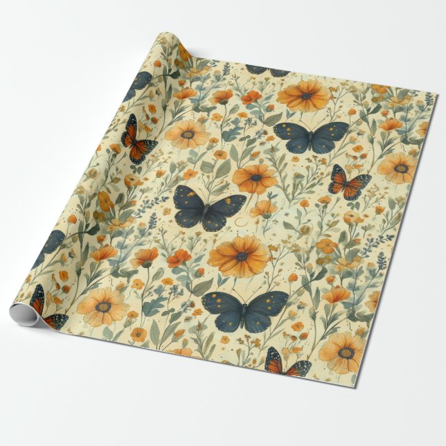 Vintage Fjäril Vildblomma (7) Presentpapper (Utrullad)