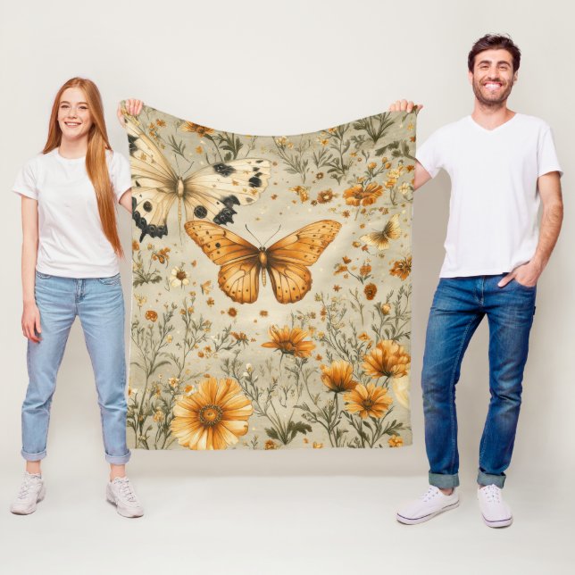 Vintage Fjäril Vildblomma (9) Fleecefilt (På plats)