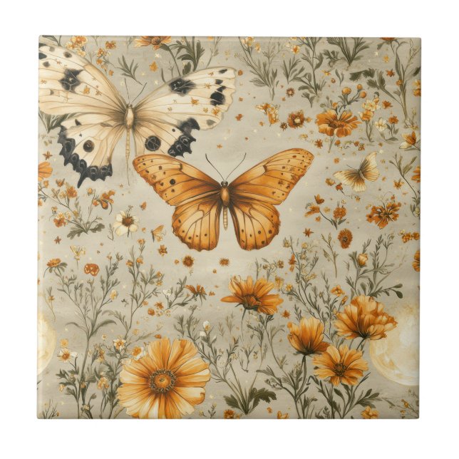 Vintage Fjäril Vildblomma (9) Kakelplatta (Framsidan)
