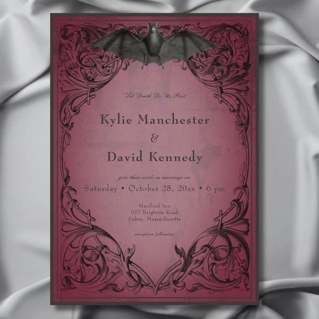 Vintage Fladdermus till döden Burgundy Bröllop Inbjudningar (Vintage Bat Until Death Burgundy Wedding Invitation)