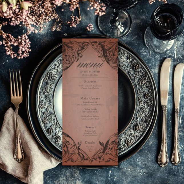 Vintage Fladdermus till dödsfallet Rust Bröllop Meny (Vintage Bat Until Death Rust Wedding Menu)