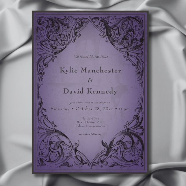 Vintage Fladdermus till Lila Bröllop Inbjudningar (Vintage Bat Until Death Purple Wedding Invitation)