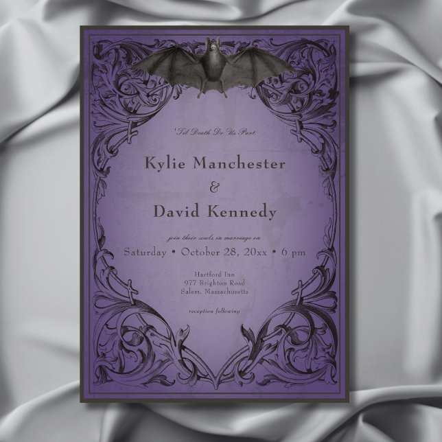 Vintage Fladdermus till Lila Bröllop Inbjudningar (Vintage Bat Until Death Purple Wedding Invitation)
