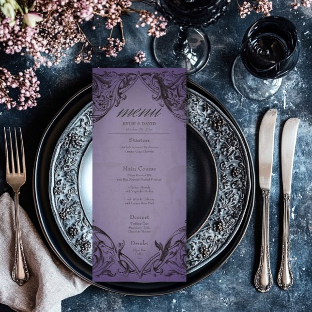 Vintage Fladdermus till Lila Bröllop Meny (Vintage Bat Until Death Purple Wedding Menu)