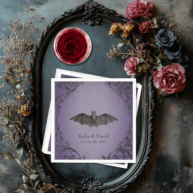 Vintage Fladdermus till Lila Bröllop Pappersservett (Vintage Bat Until Death Purple Wedding Napkins)