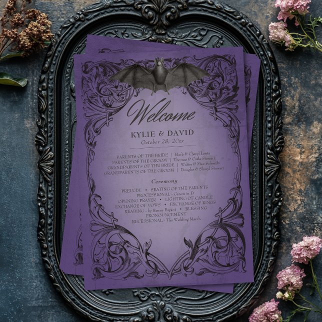 Vintage Fladdermus till Lila Bröllop Program (Vintage Bat Until Death Purple Wedding Program)