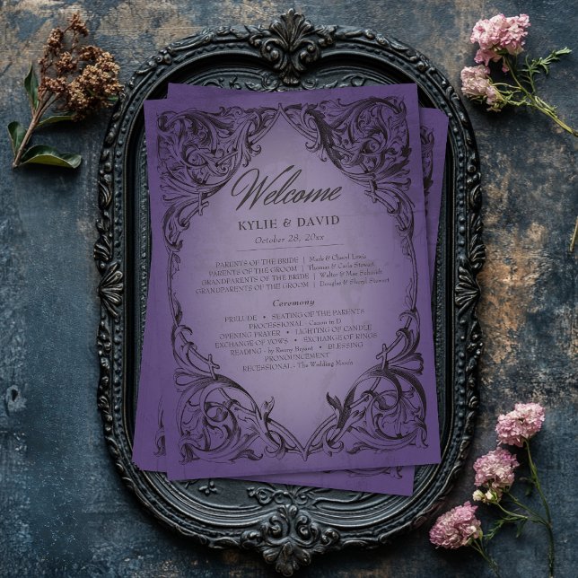 Vintage Fladdermus till Lila Bröllop Program (Vintage Bat Until Death Purple Wedding Program)