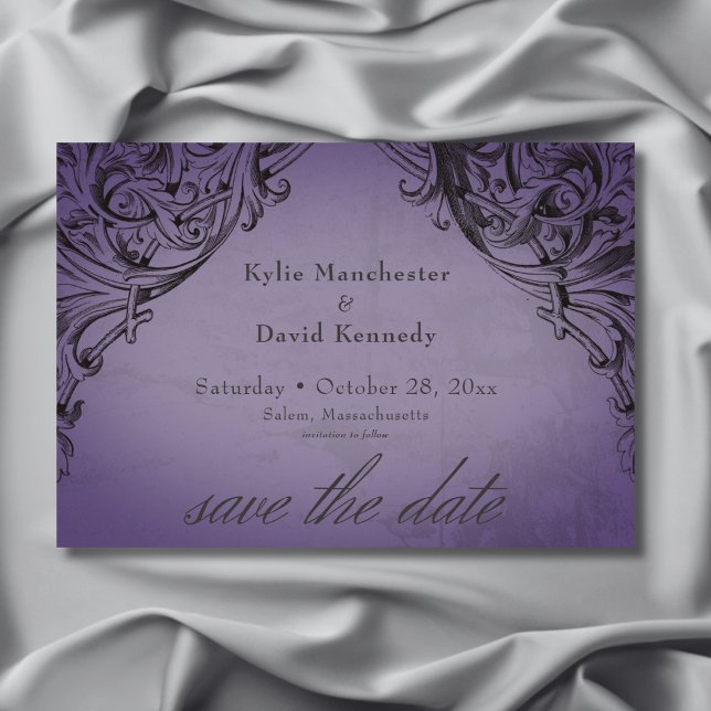 Vintage Fladdermus till Lila Bröllop Spara Datumet (Vintage Bat Until Death Purple Wedding Save The Date)