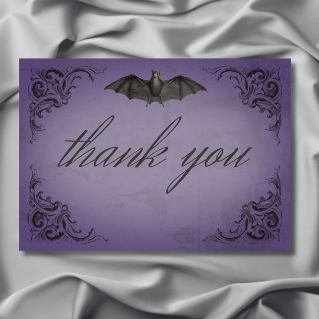 Vintage Fladdermus till Lila Bröllop Tack Kort (Vintage Bat Until Death Purple Wedding Thank You Card)