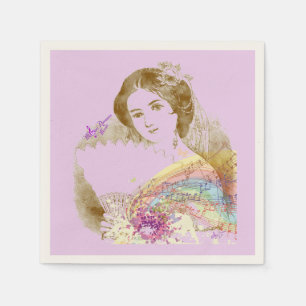 Vintage Fläkt Dam Rosa Ecru Cocktail Papper Napkin Pappersservett