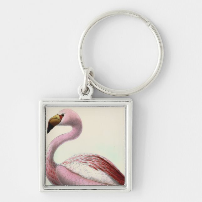 Vintage Flamingo Fyrkantig Silverfärgad Nyckelring (Framsidan)