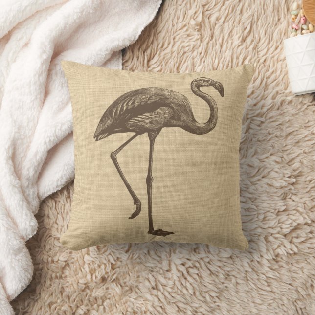 Vintage Flamingo Illustration på Burlap Kudde (Filt)