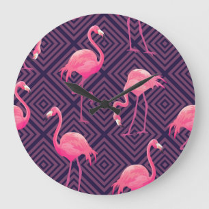 Vintage flamingos, lila geometrisk bakgrund. stor klocka