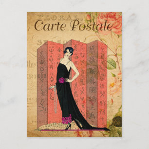 Vintage Flapper Woman in Black Dress Blommigt Fran Vykort