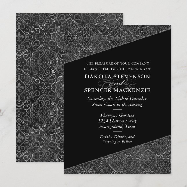 Vintage Fleur de Lis Damask | Grunge Bröllop Inbjudningar (Fram/baksida)